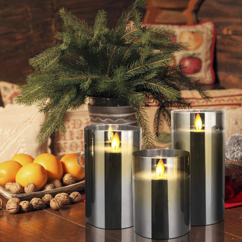 LED Candles 4" 5" 6" Set of 3 Real Wax Light, Battery Operated, Gold Glass Pillars, Remote Control, Timer, Indoor, Living Room, Vintage