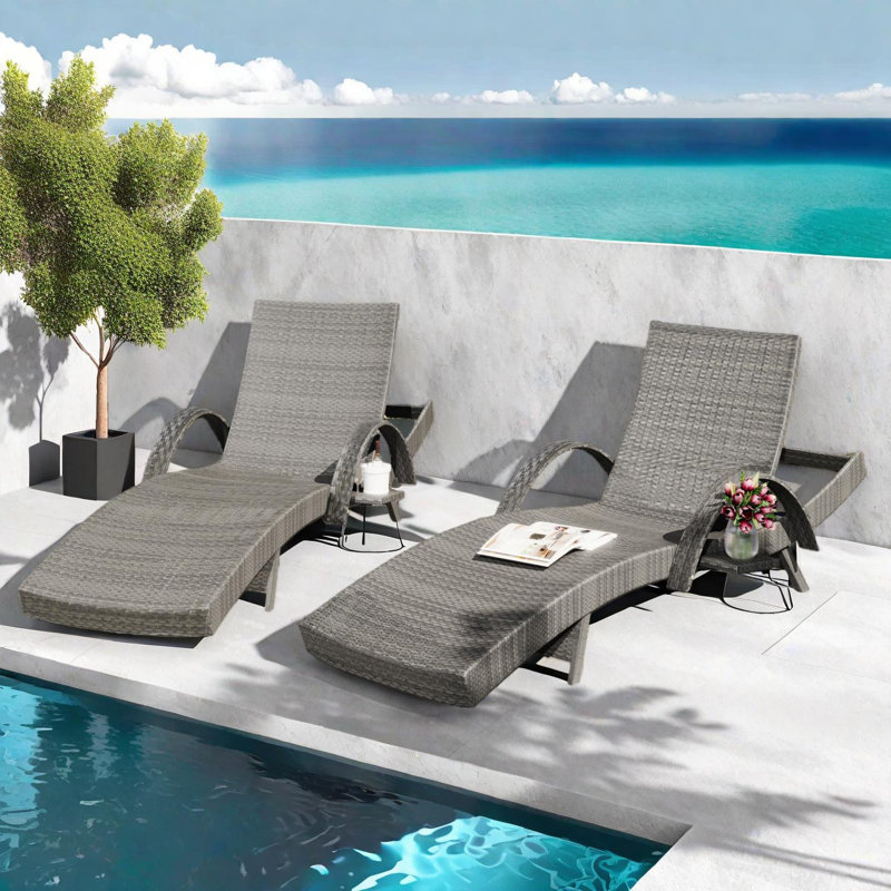 80'' Outdoor Wicker Chaise Lounge Chairs Set of 2 with Pull-out Side Table and Adjustable Backrest, Gray