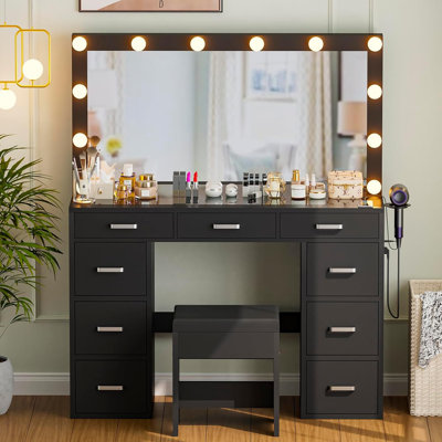 Très grande coiffeuse 47,2 "avec tabouret, lumières, prise USB et 9 tiroirs