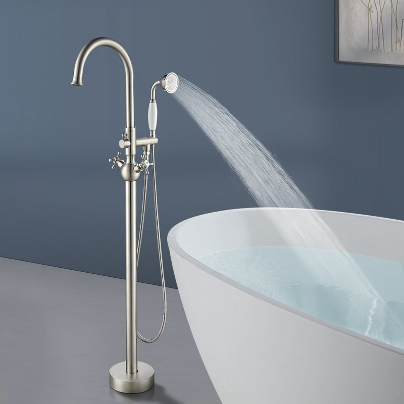 Robinet de baignoire autoportant à poignée double Topcraft avec douche à main, nickel brossé, Nickel brossé