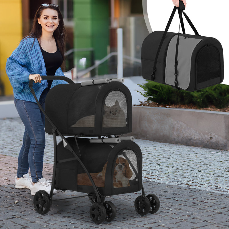 Black and Gray Double Pet Stroller with Steel Frame