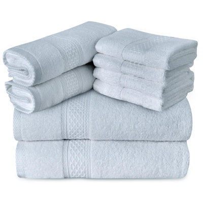  Ensemble de serviettes de bain 100% coton de 8 pièces, 2 serviettes de bain, 2 serviettes à main, 4 débarbouillettes, serviettes très absorbantes pour salle de bain, salle de sport, hôtel (bleu clair)