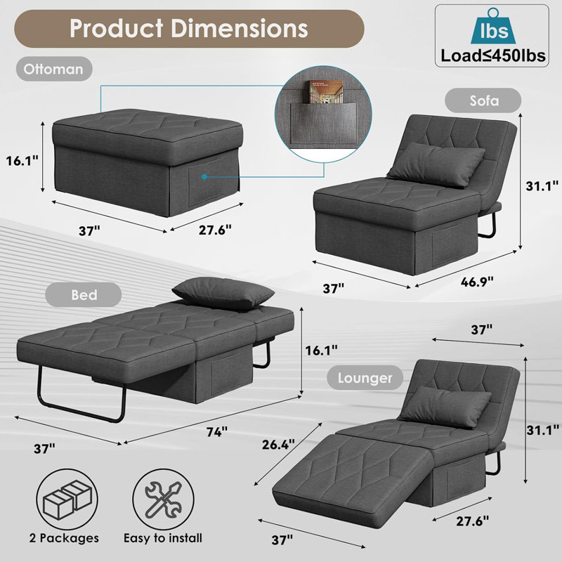 Canapé-lit convertible avec dossier réglable à 5 niveaux - P 74 po x l 37 po Fauteuil-lit moderne avec repose-pieds pliant 4-en-1 pour le salon, un appartement ou un dortoir, gris foncé