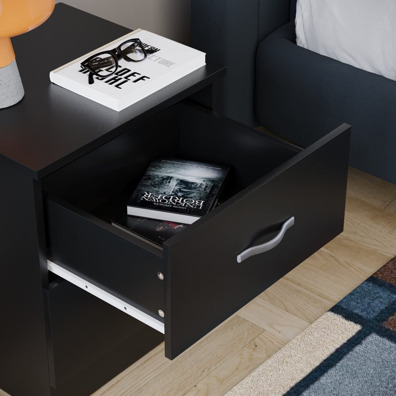 Russo Solid + Manufactured Wood Bedside Table, Black