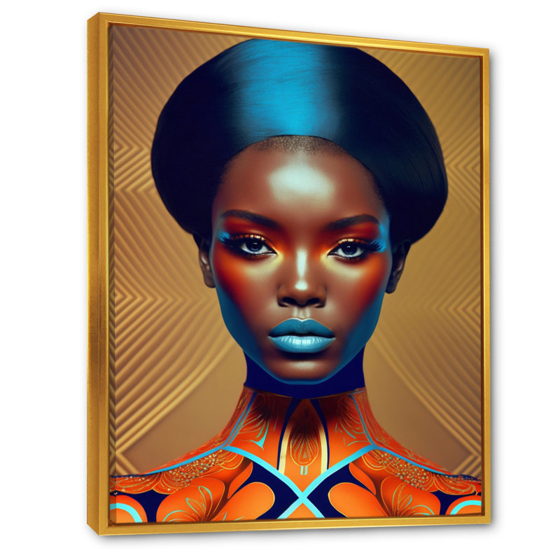 Exquiste «African Woman Design VII», reproduction sur toile, H 20 po x l 12 po x P 1 po, Cadre flottant doré
