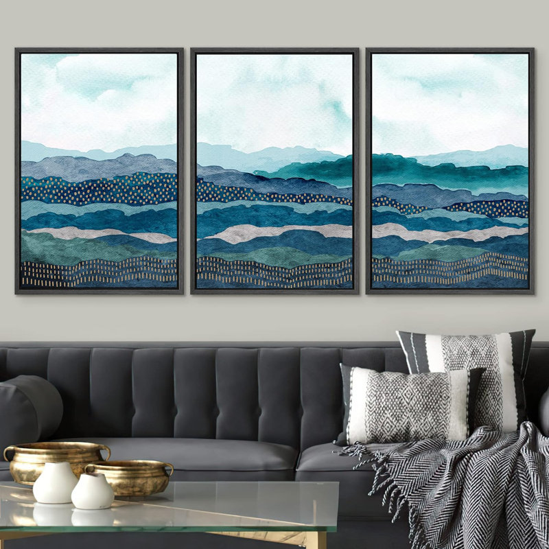 «Abstract Landscape», reproduction d'art sur toile encadrée, ensemble sarcelle vibrant, chaîne de montagnes, horizon, nature sauvage, illustrations, art moderne, décoration nordique abstraite pour le salon, la chambre à coucher, le bureau, impressio