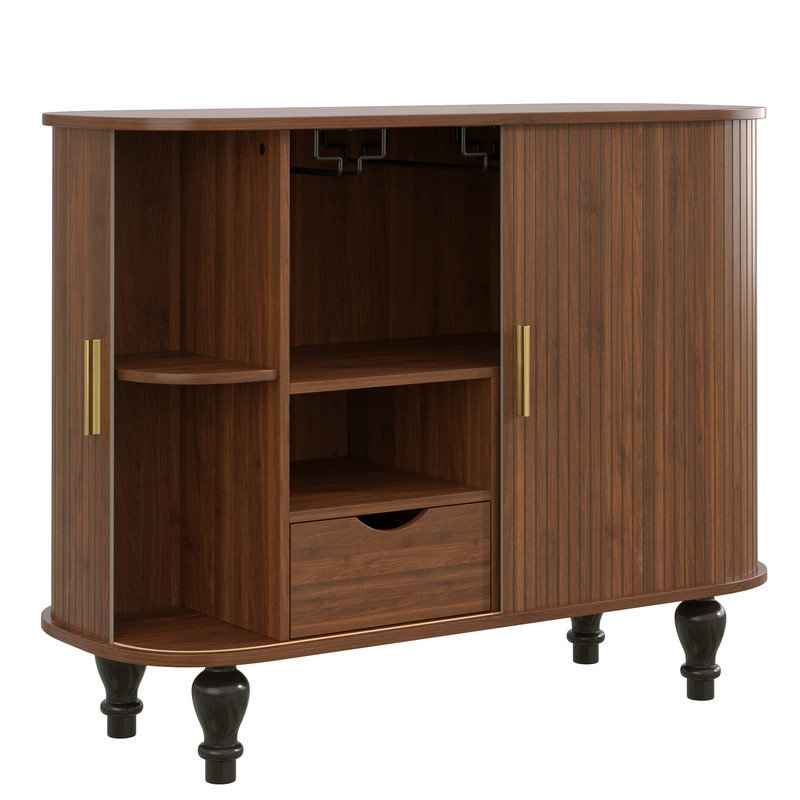 39" Fluted Liquor & Coffee Bar Cabinet with 6 Wine Racks and 3 Glass Holders, Mid-Century Modern Bar Cabinet with A Large Storage Drawer ,4 Hidden Storage Space on the Side , Walnut