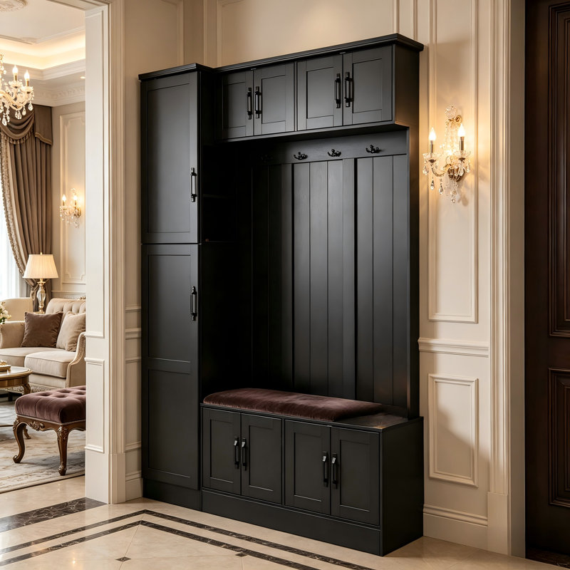 79-Inch Modern 4-In-1 Hall Tree Features Cabinets, Hooks, Bench And Adjustable Shelf For Entryway, Black, Black