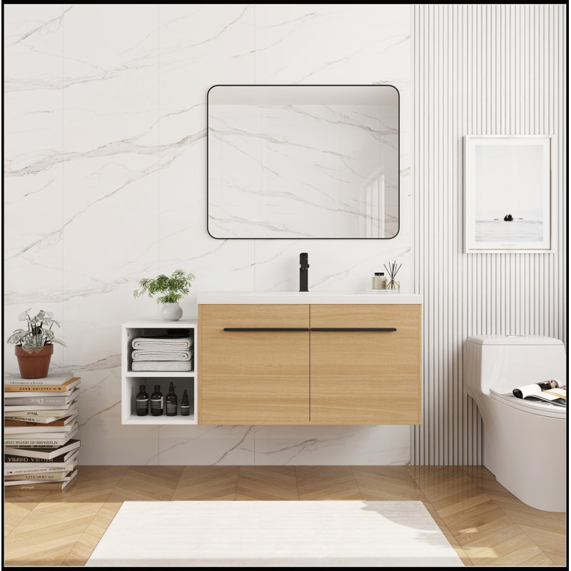 Meuble-lavabo mural 48 po avec comptoir en résine, tablettes de rangement et portes à fermeture douce pour salle de bain moderne