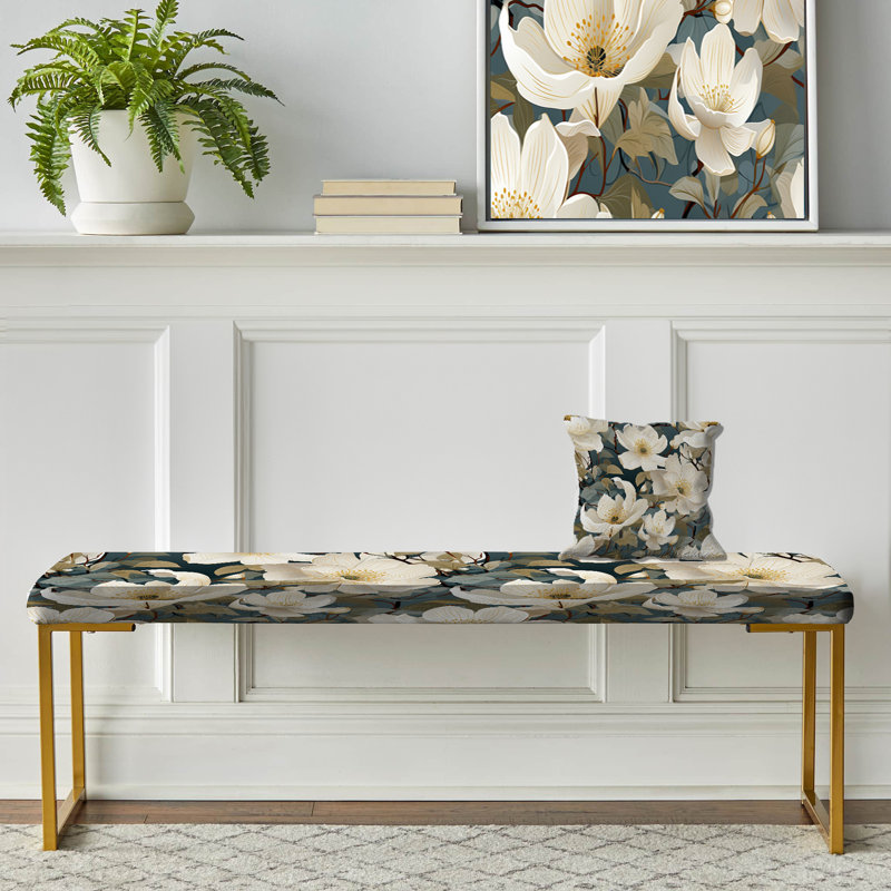 Fleurs roses blanches et vertes - Banc rembourré floral doré