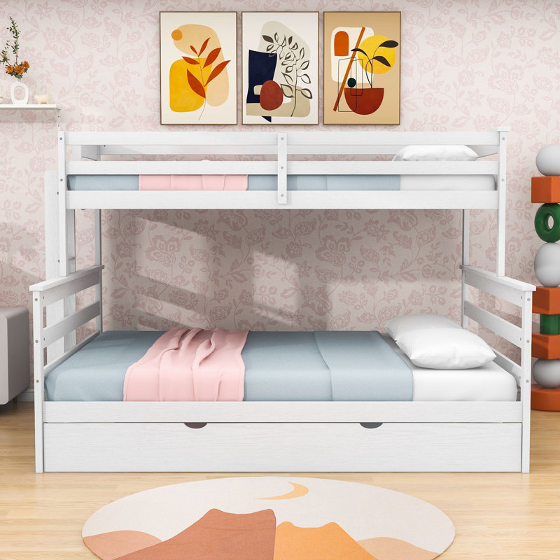 Twin XL Over Queen Bunk Bed with Twin Trundle, Guardrails and Ladder, White