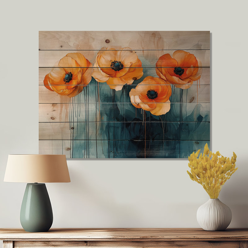 Aqua Bloom Of Ranunculus Flowers River III - Ranunculus Wood Wall Art - On Natural Pine Wood, 10" H x 20" W x 0.78" D