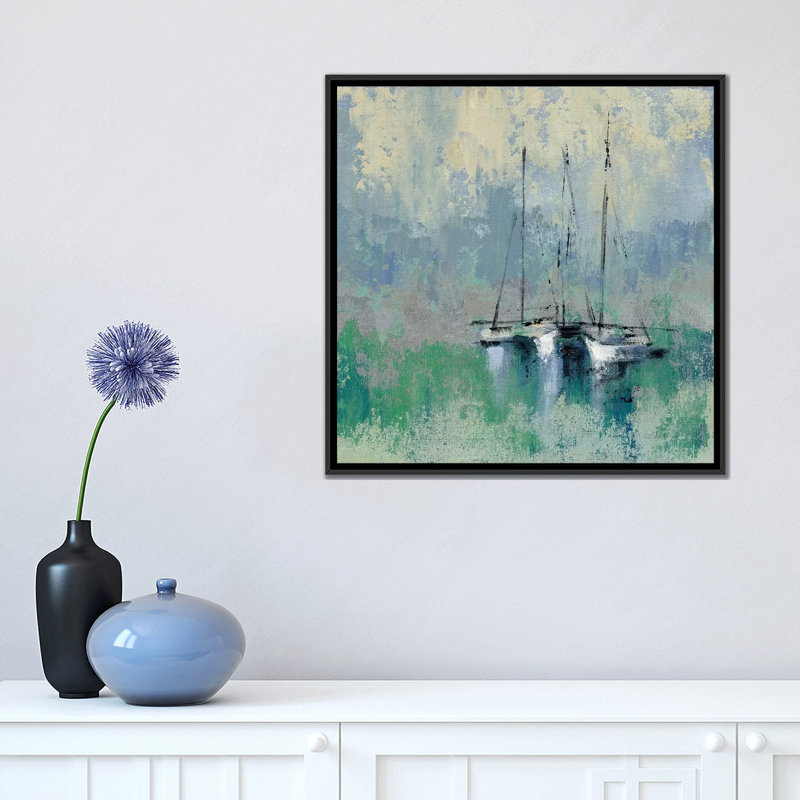 «Bateaux dans le port II», reproduction sur toile, H 18 po x l 18 po x P 1,5 po, Toile avec cadre noir, Pas de tapis