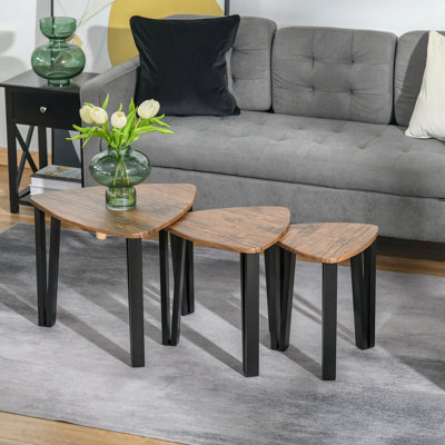 Alesandra Nest of Tables Coffee Table Set of 3 Metal Legs Walnut Wood Grain
