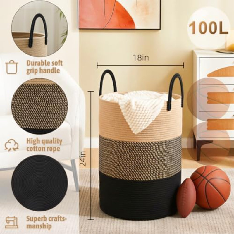 Laundry Basket,Woven Cotton Rope Laundry Hamper,100L For Decorative Storage Of Dirty Clothes,Toys And Blankets In Bathroom,Bedroom And Living Room