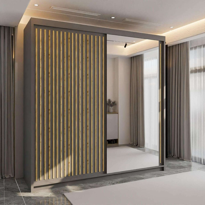 Sliding Wardrobe with Mirror Modern Bedroom 4 Colours 3 Sizes, Grey, 217cm H X 150cm W X 62cm D