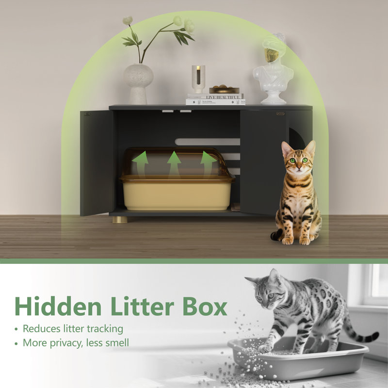 Stackable Cat Litter Box Cabinet Furniture with Cat Scratch Mat（Black), Black