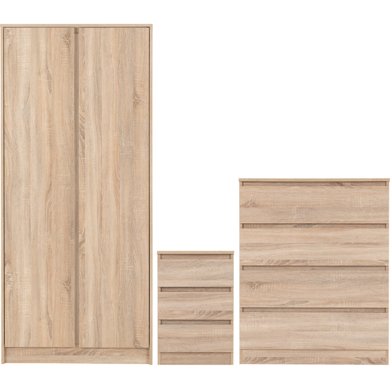 Braunstein 3 Piece Bedroom Set, 3 Pcs: Nightstand, 2 Dressers, Beige