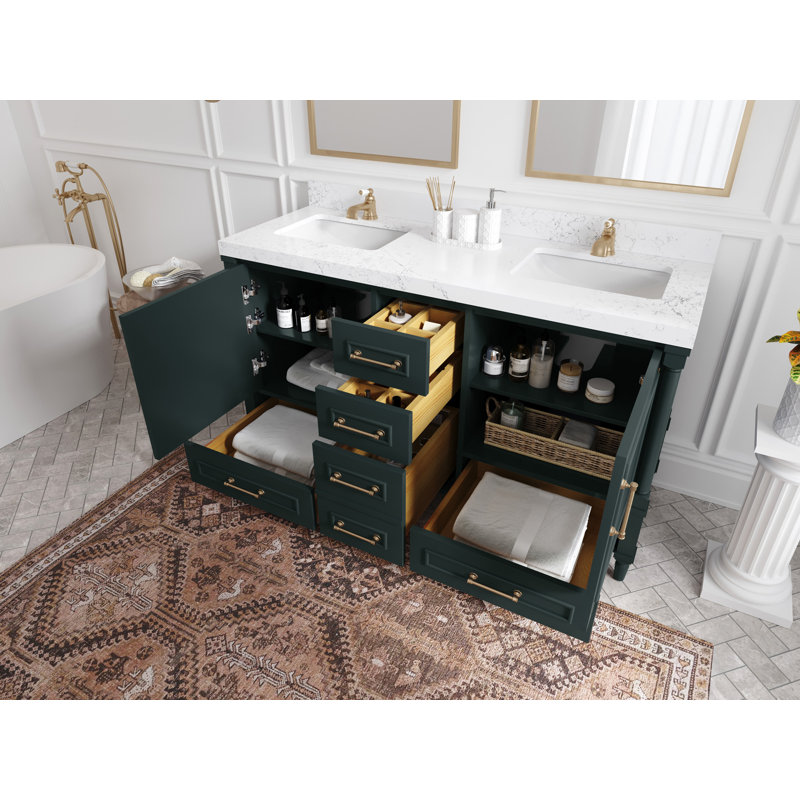 60 po X P 22 po Meuble-lavabo double D, Vert forêt foncé, Quartz doré 2 po Viola