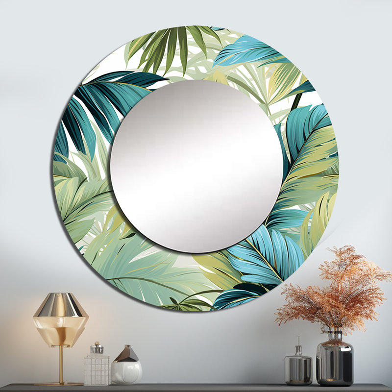 Motif tropical Palm Oasis - miroir décoratif tropical, miroir mural rond vert, impression d'art en métal, 23 po x 23 po