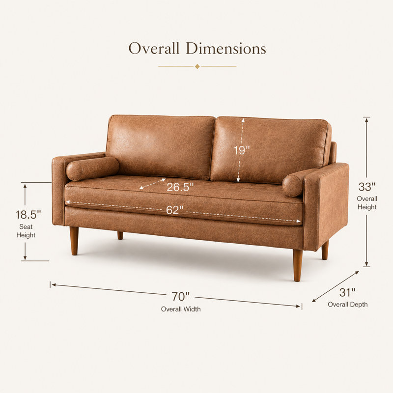 Aisha 70" Faux Leather Square Arm Loveseat, Light Brown Faux Leather