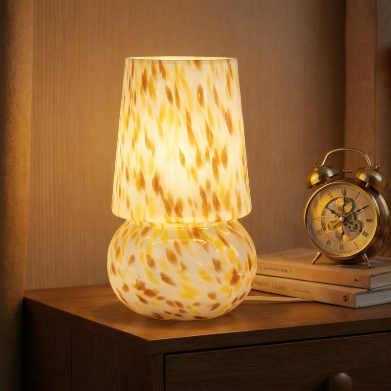 Lampe de table champignon multicolore confettis de style Murano avec gradateur, Or crème