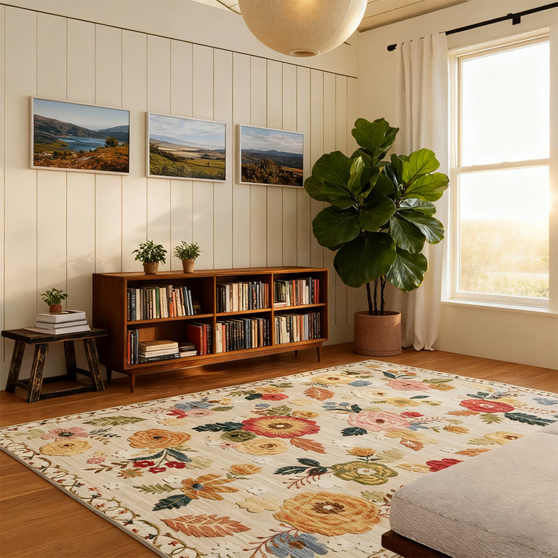 Machine-washable bedroom and living room carpet Vintage floral carpet Soft faux cashmere carpet, Rectangle 5' x 7'