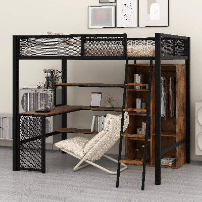 Lit mezzanine double en métal avec bureau intégré, garde-robe ouverte et tablettes de rangement