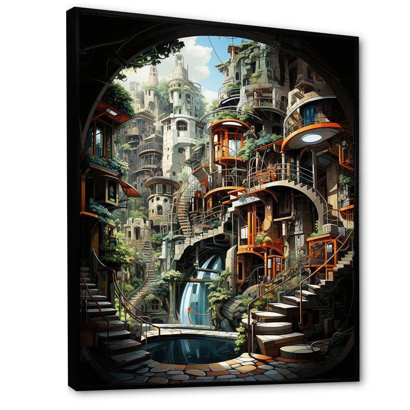 Animations, ville futuriste - salon d'art mural, Cadre flottant noir, H 32 po x l 24 po x P 1 po