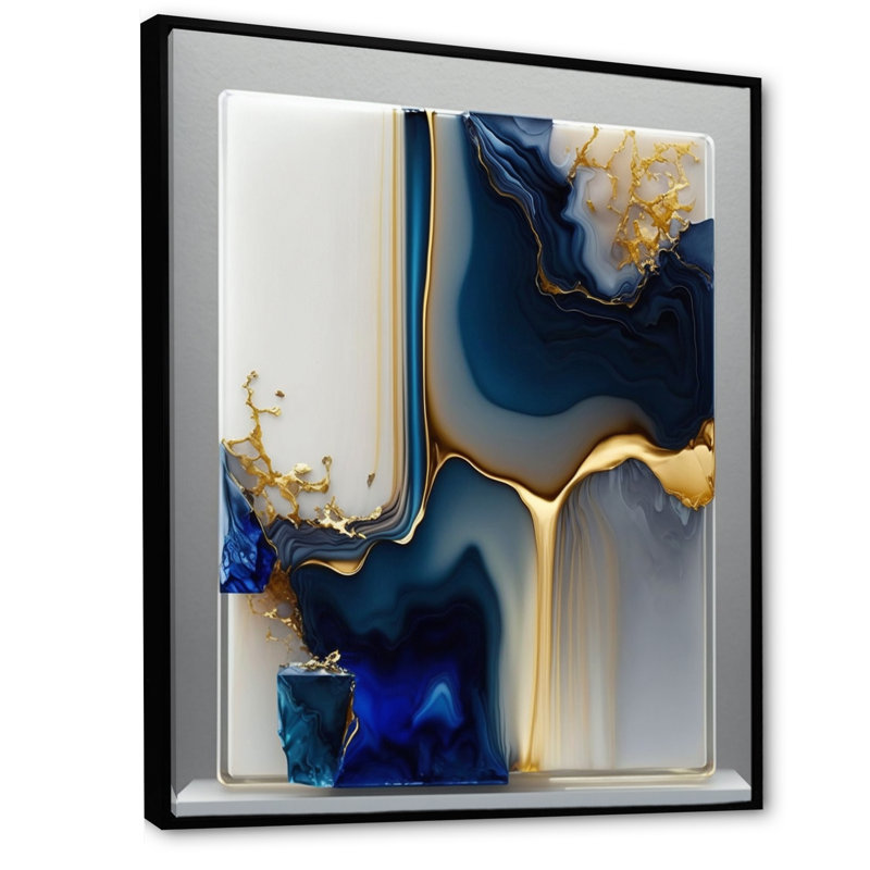 Géode abstraite dorée et bleue, forme I - art mural abstrait en marbre, L 12 po x H 20 po, Toile avec cadre flottant noir