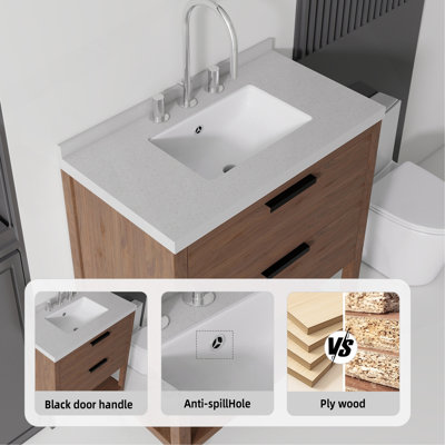 Meuble-lavabo autoportant de 76 cm avec lavabo, tiroir à fermeture amortie, comptoir et dosseret en marbre synthétique blanc granité de 5 cm, contreplaqué