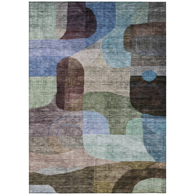 8' X 10' Brown Blue And Green Abstract Washable Indoor Outdoor Area Rug