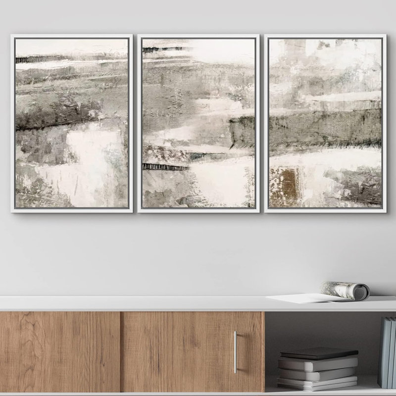 «Minimal Black Grey Landscape Abstract Shapes Modern Chic on Canvas», reproduction de 3 pièces, H 24 po x l 48 po