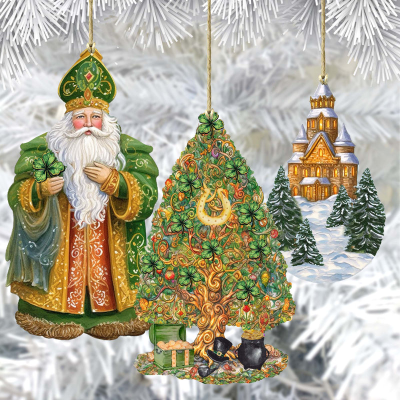 3 Piece Irish-Inspired Santa Wooden Ornaments