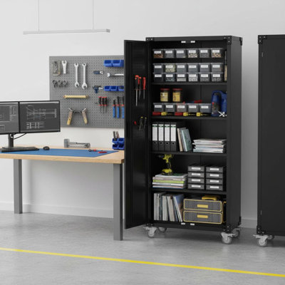Metal Storage Cabinet with Wheels, Lockable Steel Tool Cabinet with Pegboard & 4 Adjustable Shelves, Heavy Duty Rolling Garage Cabinet for Home, Office, Workshop Organization