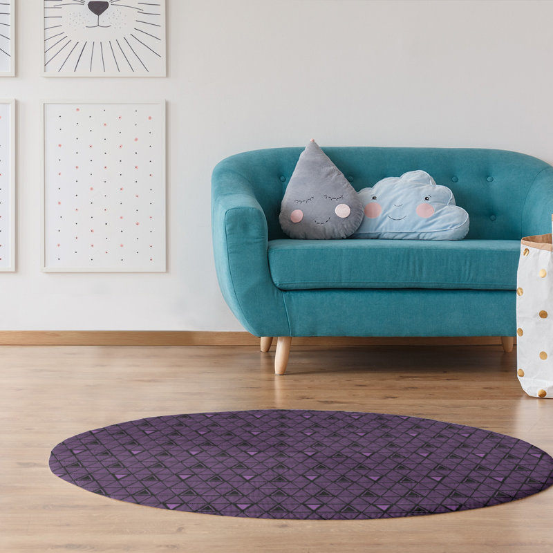Tapis noir/mauve à triangles dessinés à la main, Rond 5 pi