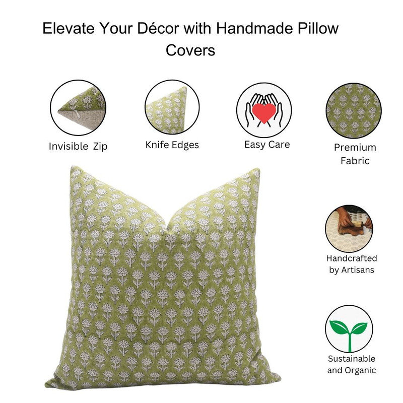 Linen Pillow Cover, Rectangular, 14"H x 20"W, Green/White