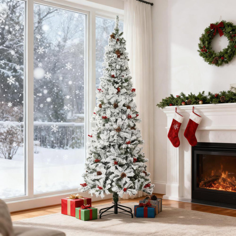 Arbre de Noël artificiel enneigé avec branches de pin réalistes, baies et conception à ouverture automatique pour une installation des Fêtes facile.