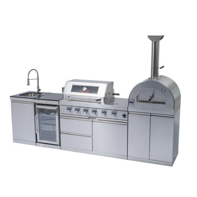 112 pouces 108000 BTU double cuisine en acier inoxydable au gaz bar barbecue en îlot + four à pizza + refroidisseur à vin réfrigérateur compact + rôtisserie + comptoirs en granit + armoires et tiroirs de rangement