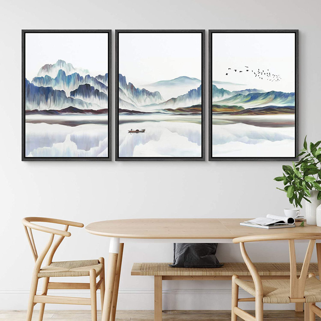 Abstract Landscape Boat In Lake Mountain Nature Landscape Modern Pictures Framed Canvas 3 Piece Painting Print Wall Art IDEA4WALL Frame