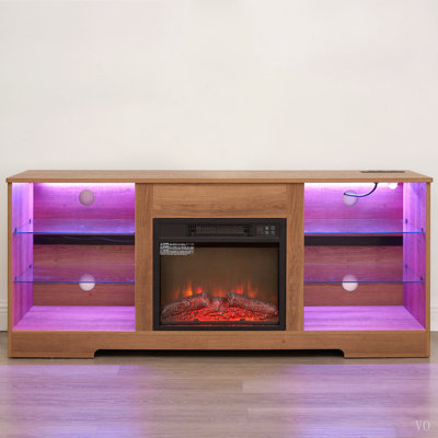 Meuble télé avec foyer électrique, étagères en verre, foyer 3D, éclairage DEL, bois, prise de chargement USB, table basse moderne pour téléviseurs jusqu'à 32-62 pouces (81-157 cm), 147 cm (L) x 39 cm (P) x 62 cm (H).