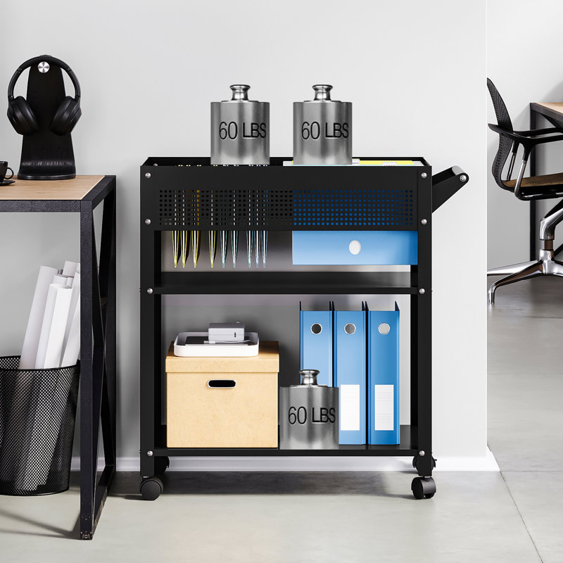 Black Steel Mobile File Cart with Shelves and Hanging Rod