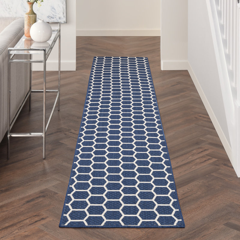 Kurmanbek Geometric Reversible Indoor / Outdoor Area Rug in Navy, Runner 2'2" x 12'