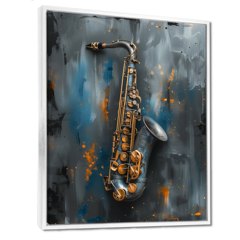 «Blue Gray Music Instument Saxophone», reproduction d'art mural, Cadre simple blanc, bois massif, H 16 po x l 32 po