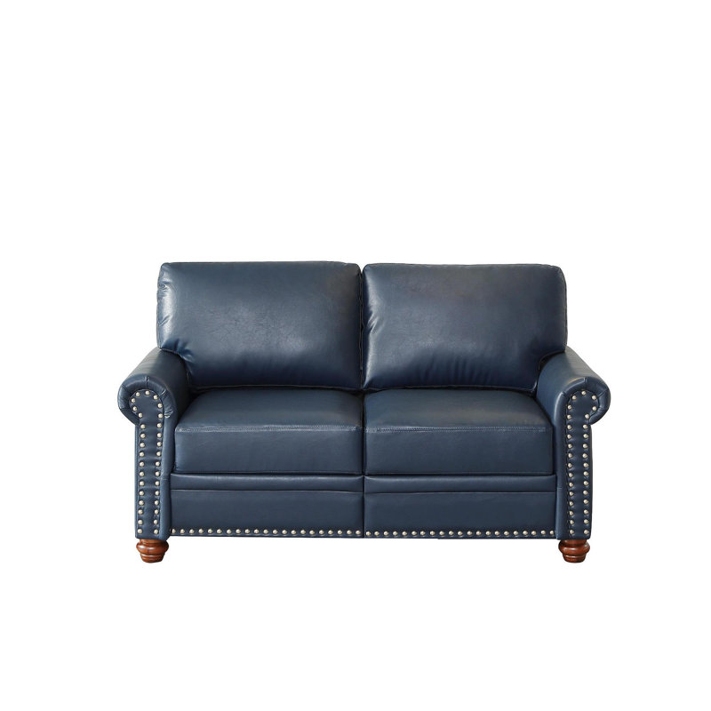 Causeuse de salon avec accoudoirs ronds et faux clous en cuir bleu marine, Marine