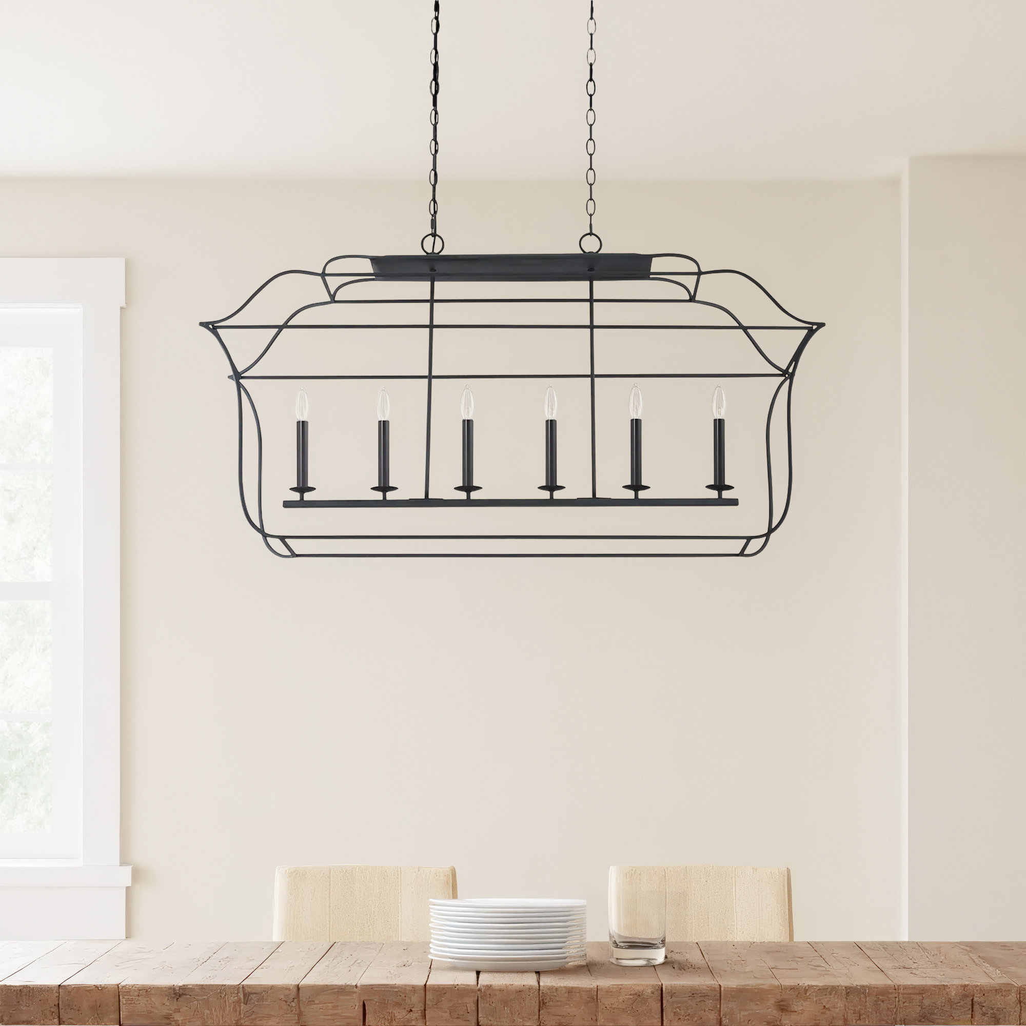 6 - Light Metal Dimmable Lantern Chandelier, Royal Ebony