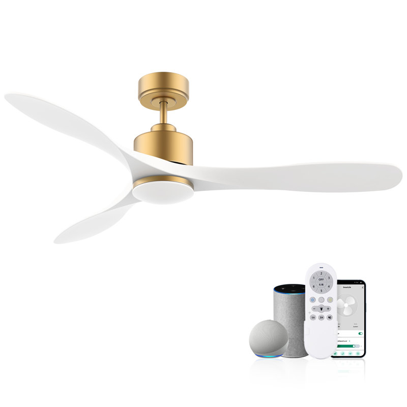 52" 3-Blade Modern Wood Ceiling Fan with Light and Remote, WiFi Alexa Control, Quiet DC Motor, Indoor/Outdoor, Gold, White