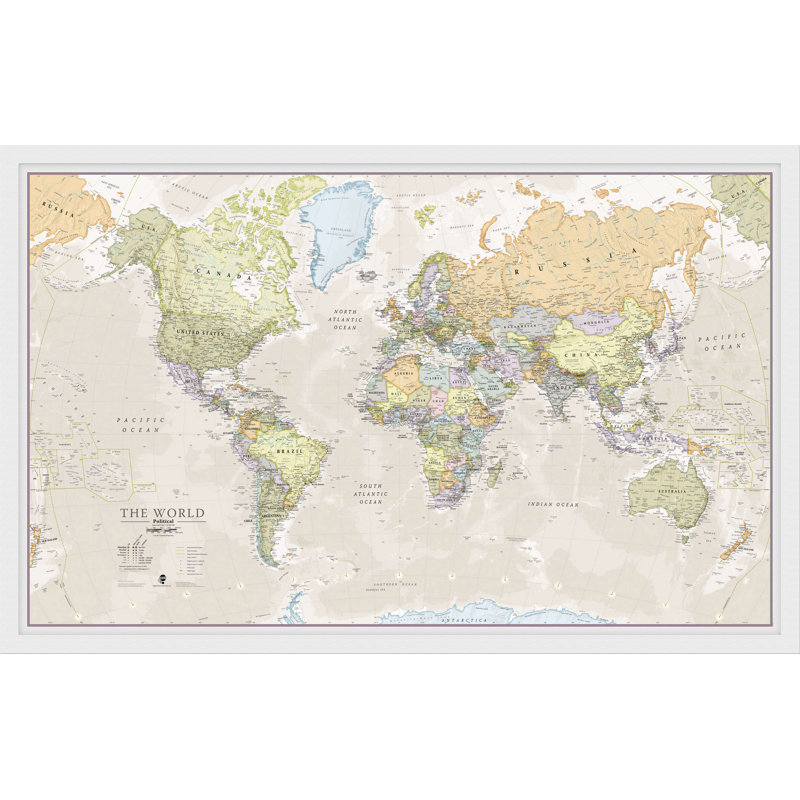 Large Classic World Map - Single Picture Frame Print, White Framed, 62.4cm H x 87.1cm W x 5cm D