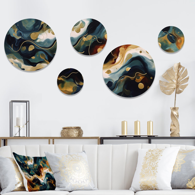 Ensemble de 5 décorations murales en marbre bleu et orange à encre liquide II