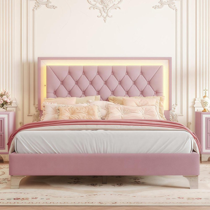 Structure de lit tapissier avec lumières DEL, lit plateforme en velours moderne avec tête de lit capitonnée, Grand lit, Rose